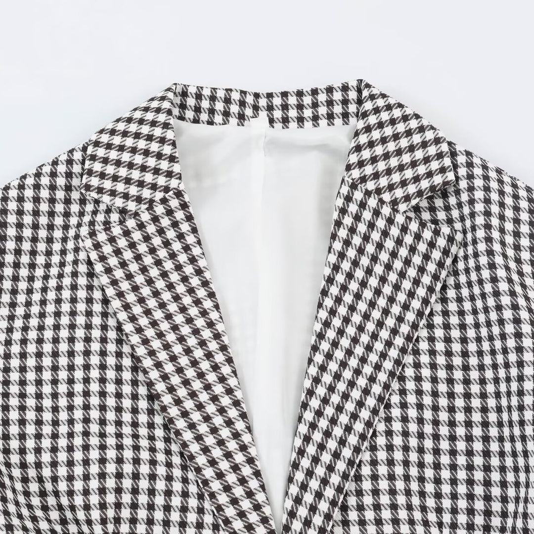 Damen Oversize-Blazer im Hahnentritt‑Muster mit Ballonärmeln und Pattentaschen Nord Taschen
