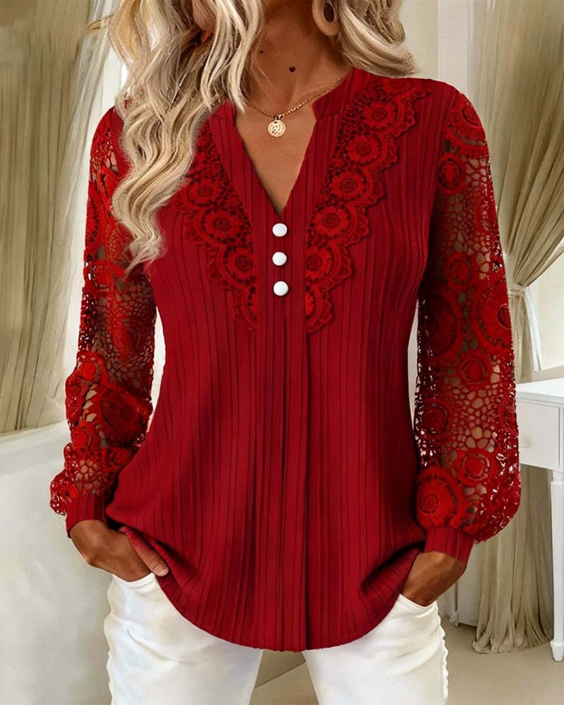 Damen Elegante Plissée-Bluse mit Spitzenärmeln und V-Ausschnitt Nord Taschen