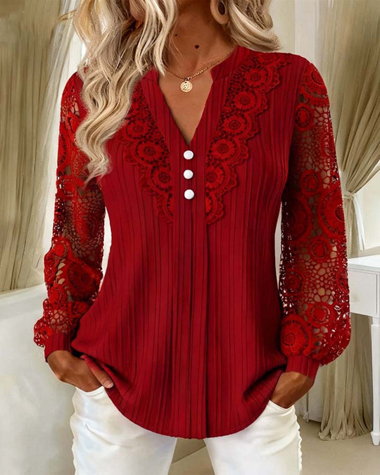 Damen Elegante Plissée-Bluse mit Spitzenärmeln und V-Ausschnitt Nord Taschen