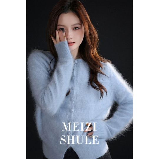 Damen Kuschelige Mohair-Strickjacke mit Rundhalsausschnitt und verdeckter Knopfleiste Nord Taschen