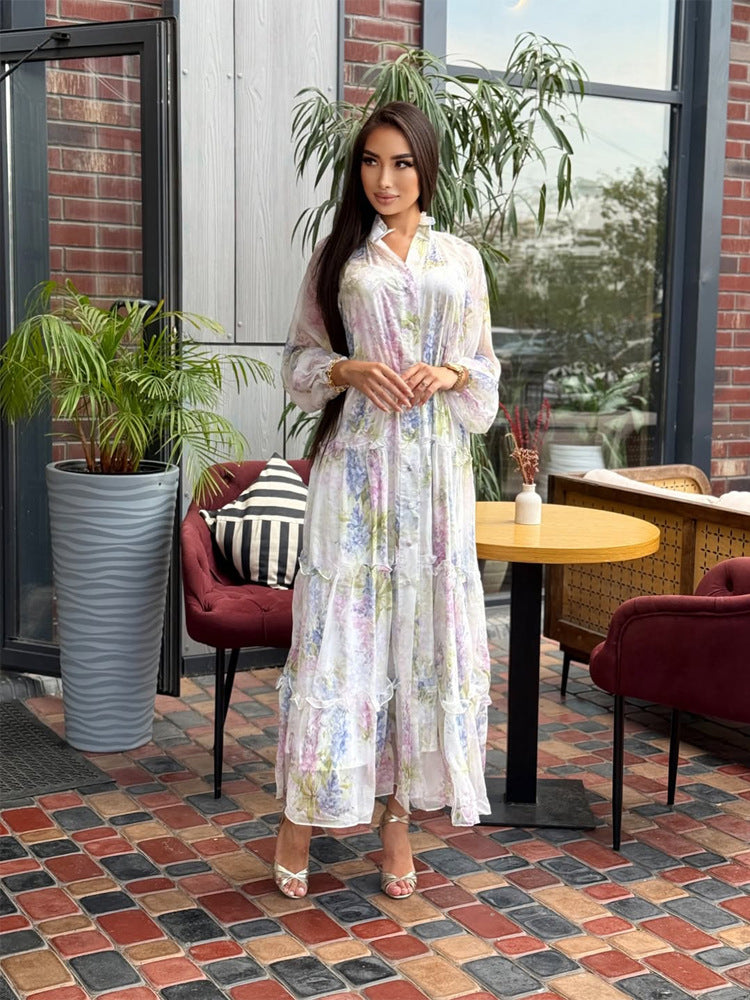 Damen Langes Chiffon-Stufenmaxikleid mit Volants & zarten Blumen-Print Nord Taschen