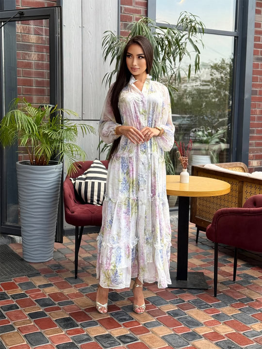 Damen Langes Chiffon-Stufenmaxikleid mit Volants & zarten Blumen-Print Nord Taschen