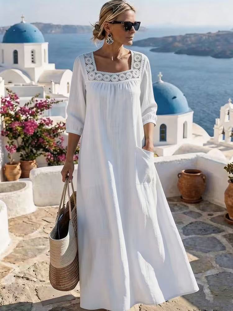 Damen Maxikleid mit gehäkeltem Quadrat-Ausschnitt, dreiviertel Ärmeln und Eingrifftasche Nord Taschen
