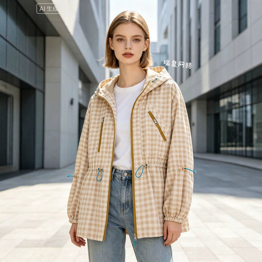 Damen Leichter Vichy‑Karo‑Parka mit Kapuze, Tunnelzugtaillierung und Reißverschlusstaschen Nord Taschen