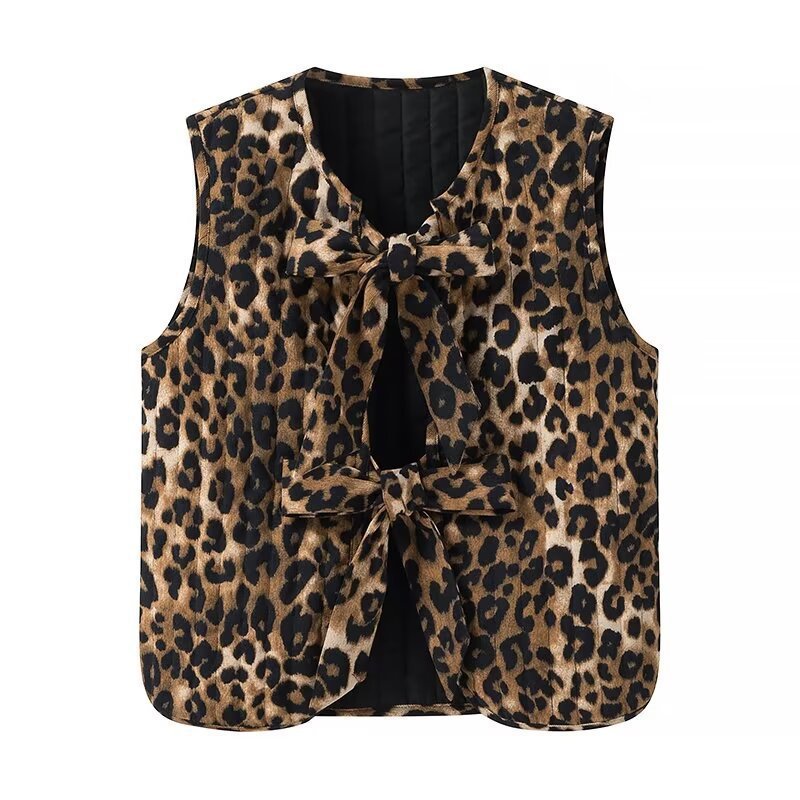 Damen Ärmellose Strickweste mit Leopardenmuster und dekorativen Bindeschleifen Nord Taschen