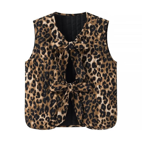 Damen Ärmellose Strickweste mit Leopardenmuster und dekorativen Bindeschleifen Nord Taschen