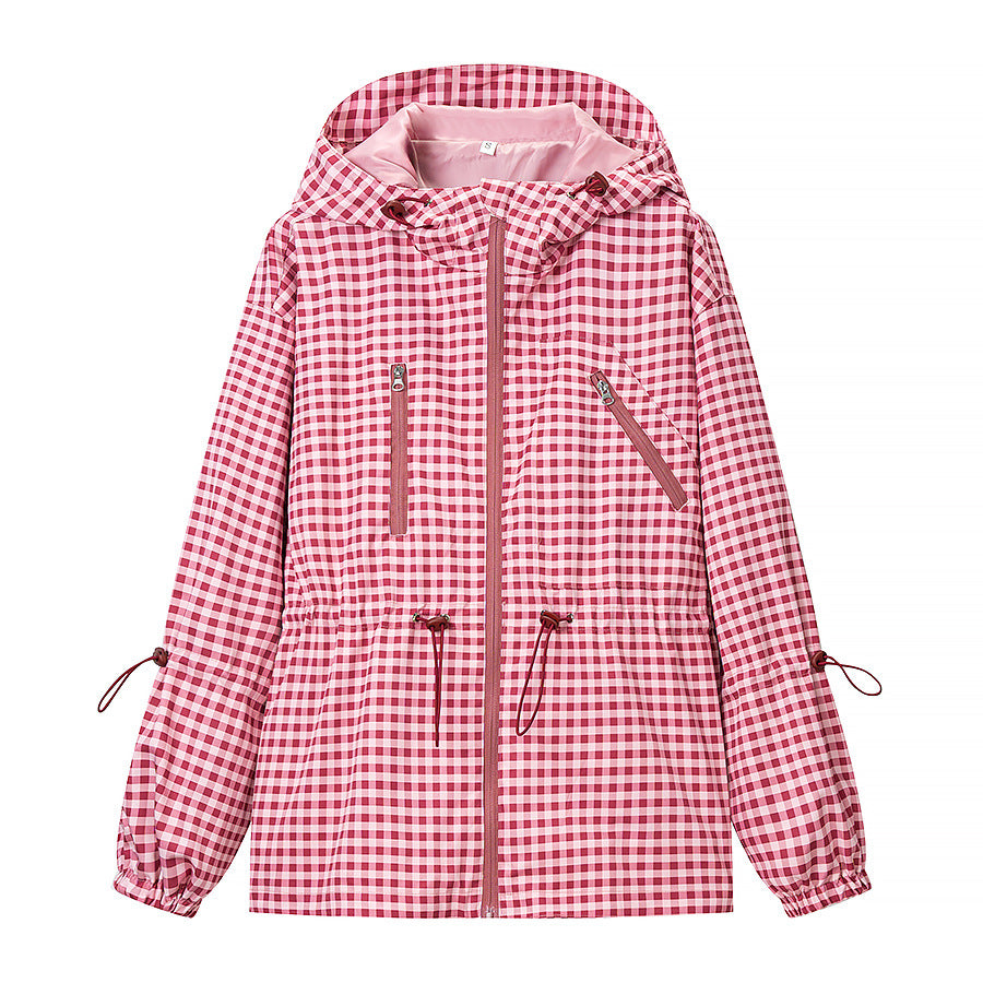 Damen 20+ leichte karierte Kapuzenjacke mit Tunnelzug, Reißverschluss und funktionalen Taschen Nord Taschen