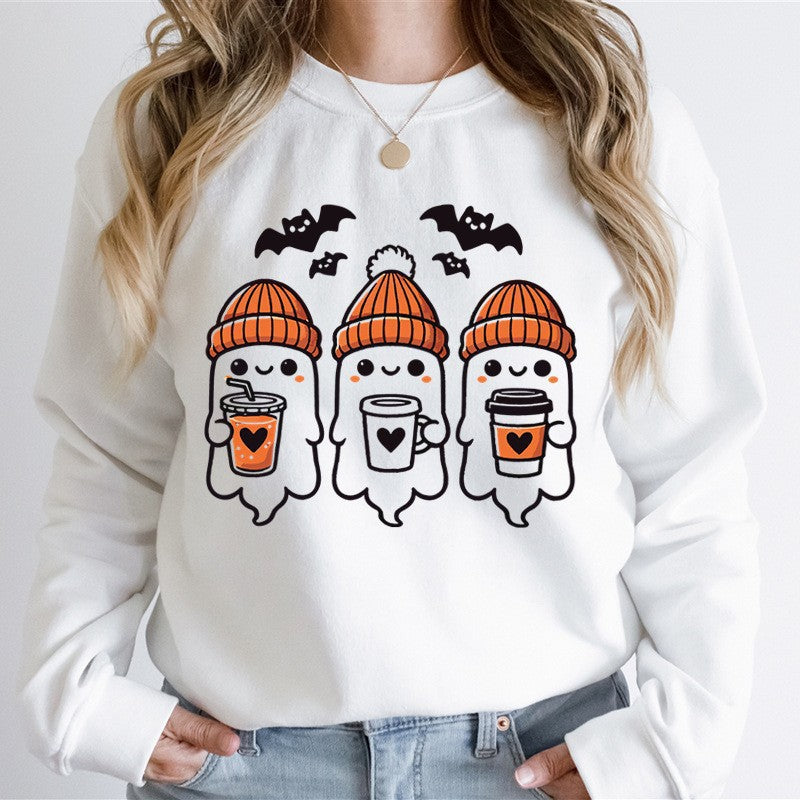 Damen gemütlicher Halloween Grafikpullover mit niedlichen Geist-Motiven, Rundhalsausschnitt und weichem Baumwollmix Nord Taschen