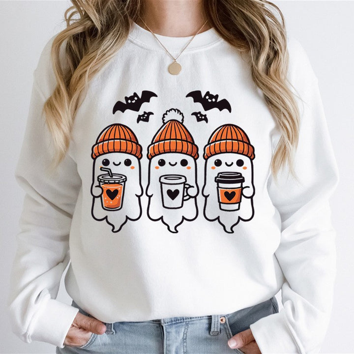 Damen gemütlicher Halloween Grafikpullover mit niedlichen Geist-Motiven, Rundhalsausschnitt und weichem Baumwollmix Nord Taschen