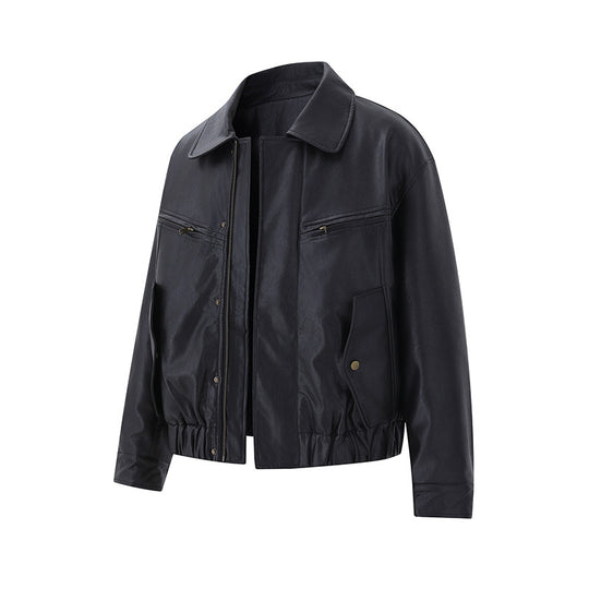 Herren Kurzer Boxy-Lederblouson mit Pattentaschen und elastischem Bund Nord Taschen