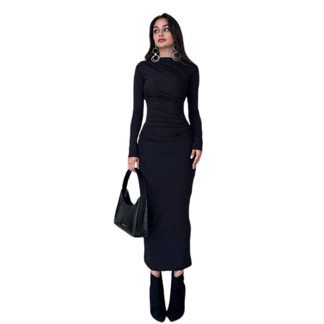 Damen figurbetontes Maxikleid mit hohem Kragen und seitlicher Raffung Nord Taschen
