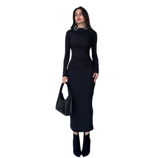 Damen figurbetontes Maxikleid mit hohem Kragen und seitlicher Raffung Nord Taschen