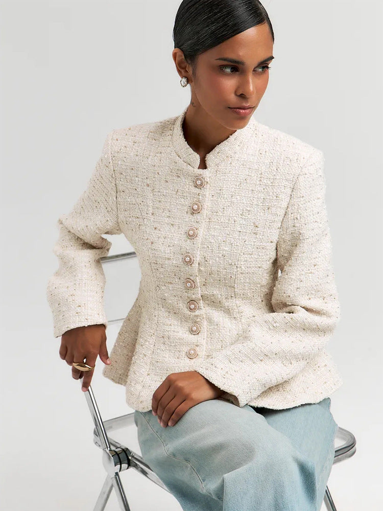 Damen Bouclé-Blazer mit Stehkragen und taillierter Schößchen-Silhouette Nord Taschen