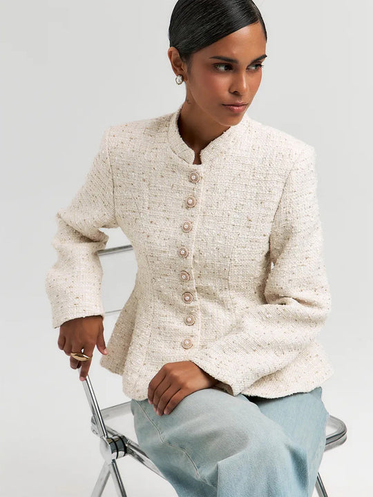 Damen Bouclé-Blazer mit Stehkragen und taillierter Schößchen-Silhouette Nord Taschen