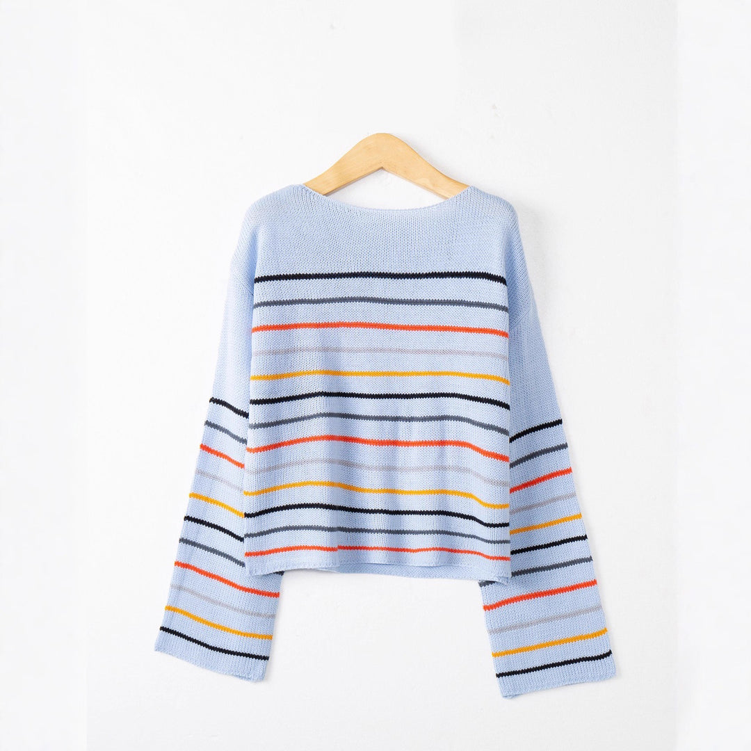 Damen Kurzgeschnittener Feinstrick-Pullover mit Rundhalsausschnitt, mehrfarbigen Horizontalstreifen und überschnittenen Schultern Nord Taschen