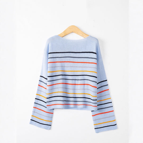 Damen Kurzgeschnittener Feinstrick-Pullover mit Rundhalsausschnitt, mehrfarbigen Horizontalstreifen und überschnittenen Schultern Nord Taschen