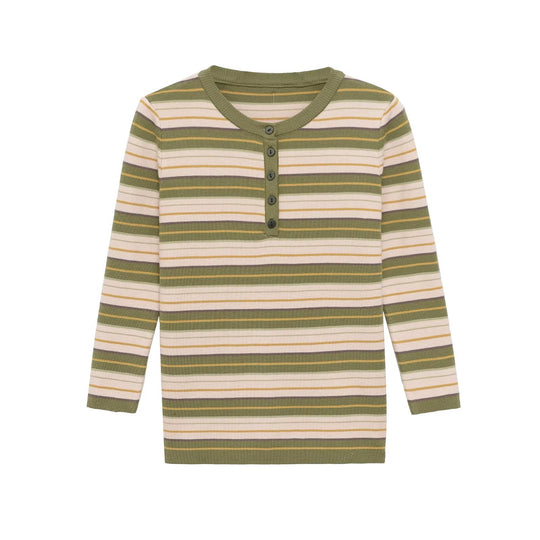 Damen Gestreiftes Rippstrick-Henleyshirt mit Knopfleiste und schmaler Passform Nord Taschen