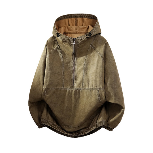 Herren Oversize Canvas-Halbzip-Kapuzenanorak mit Kängurutasche und elastischem Saum Nord Taschen