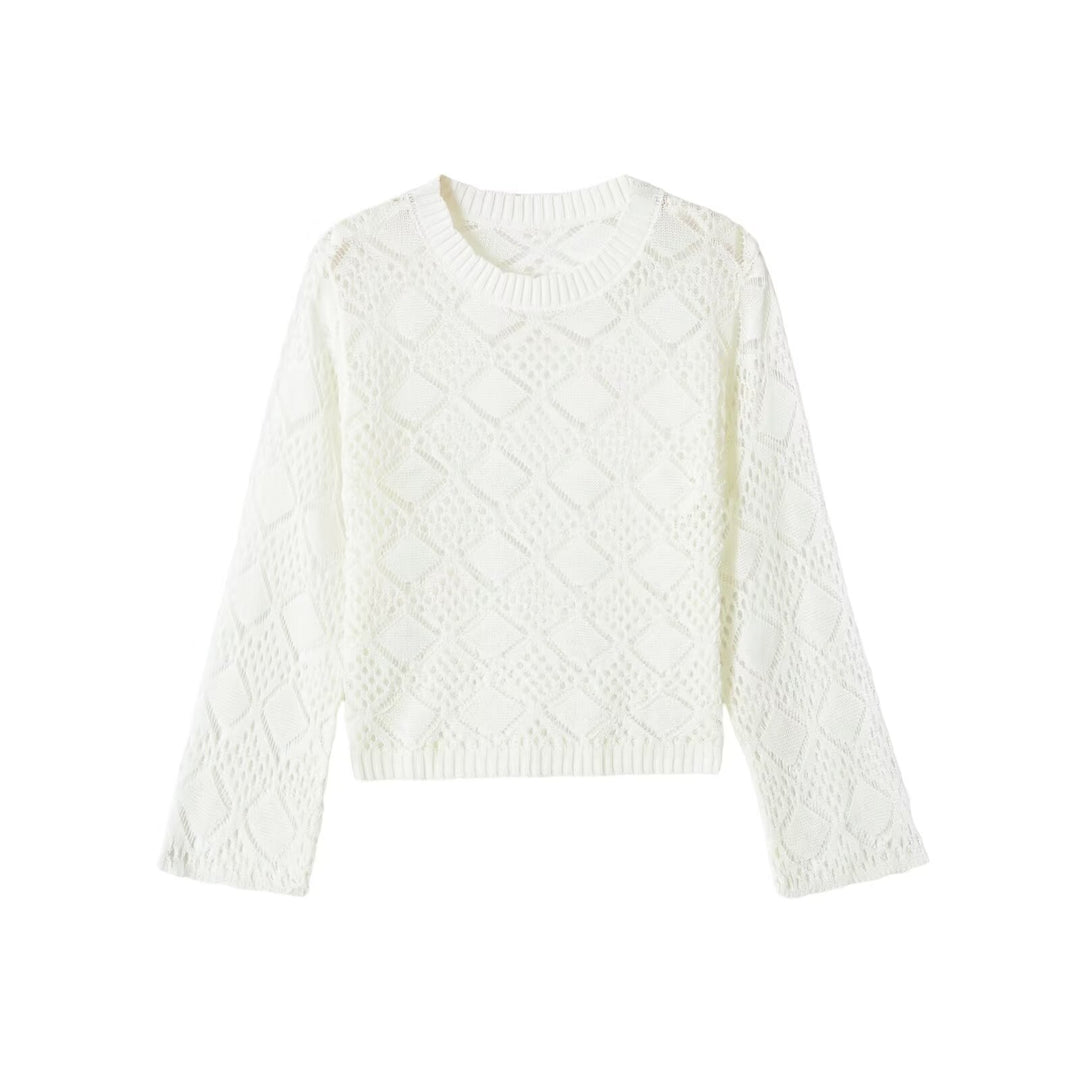Damen Lochstrick-Pullover mit Rautenmuster und Rundhalsausschnitt Nord Taschen