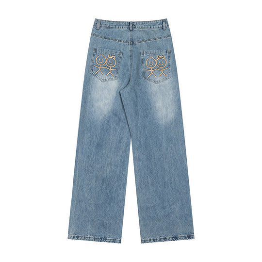Damen Weite High‑Waist-Jeans mit geradem, weitem Bein und Stickerei auf Gesäßtaschen Nord Taschen