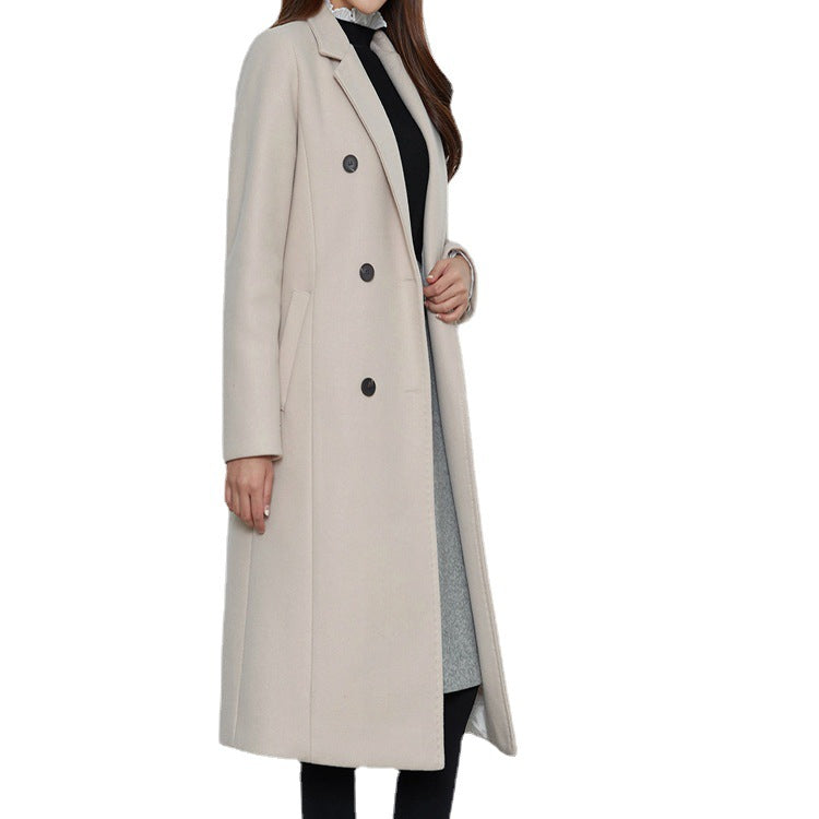 Damen Lang geschnittener Wollmix-Mantel im minimalistischen Doppelreiher mit tiefem Revers Nord Taschen