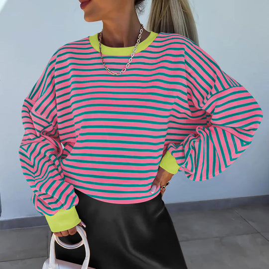 Damen lässiges gestreiftes Sweatshirt mit Boxy-Schnitt und kontrastierenden Abschlüssen Nord Taschen