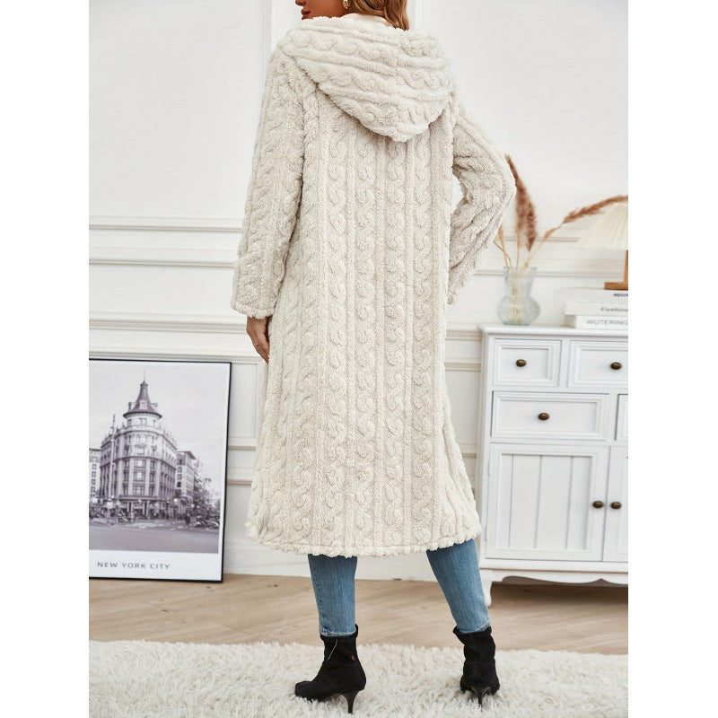 Damen Langer Kapuzen-Teddy-Mantel mit Zopfstrick-Optik Nord Taschen