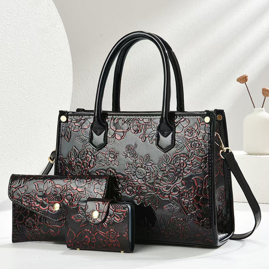 Damen elegante Handtasche mit floraler Prägung und abnehmbaren Zubehör Nord Taschen