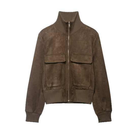 Damen Bomberjacke aus Velourslederoptik mit hohem Rippkragen und Pattentaschen Nord Taschen