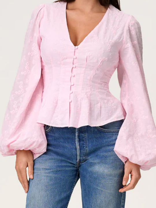 Damen Jacquard-Spitzenbluse mit tailliertem Schößchen und Ballonärmeln Nord Taschen