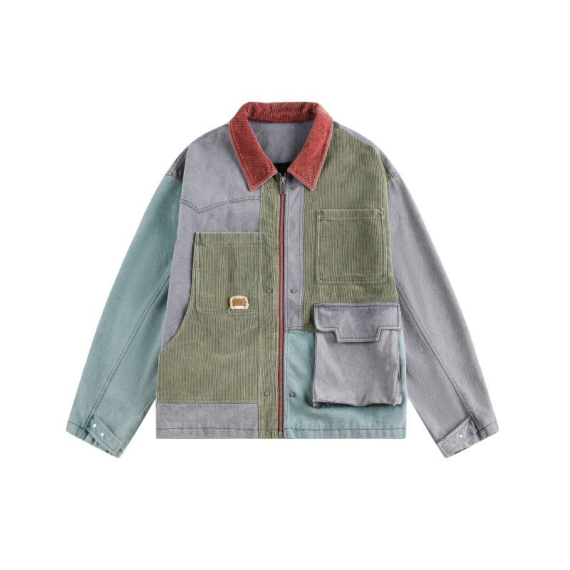 Unisex Boxy‑Patchwork‑Cordjacke mit kontrastierendem Kragen und Multifunktionstaschen Nord Taschen