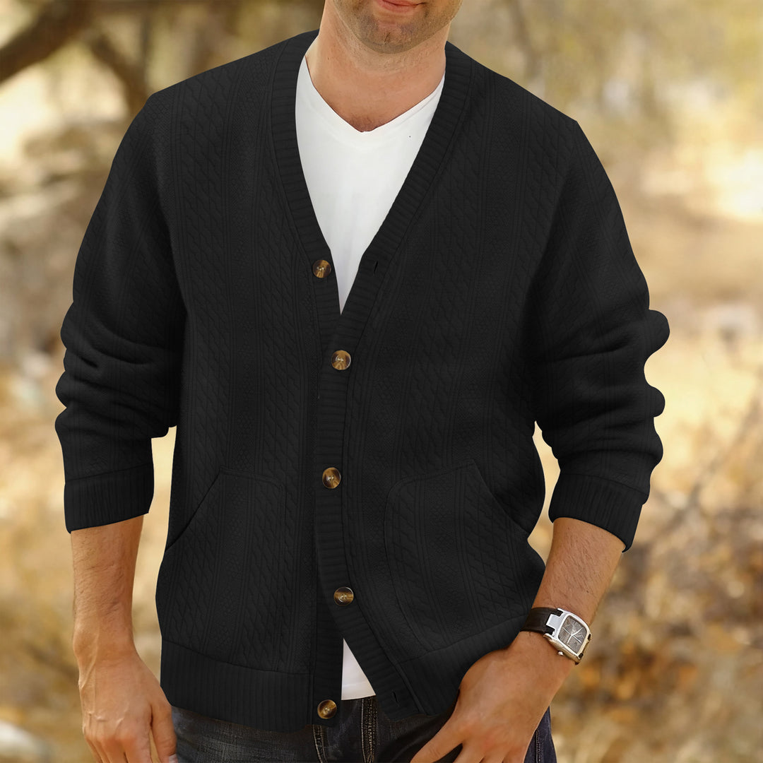 Herren Strukturierter Strickcardigan mit Zopf- und Waffelmuster, Knopfleiste und aufgesetzten Taschen Nord Taschen