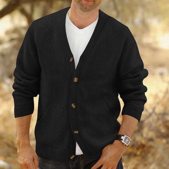 Herren Strukturierter Strickcardigan mit Zopf- und Waffelmuster, Knopfleiste und aufgesetzten Taschen Nord Taschen