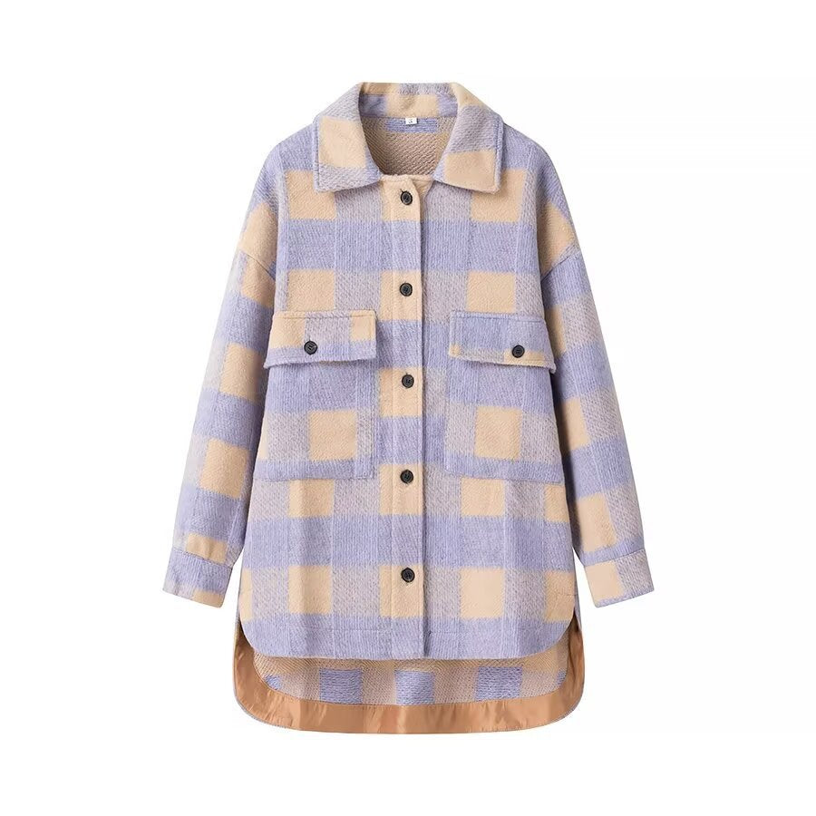 Damen Oversize-Karo‑Teddyjacke mit verlängertem Rückenteil und aufgesetzten Brusttaschen Nord Taschen