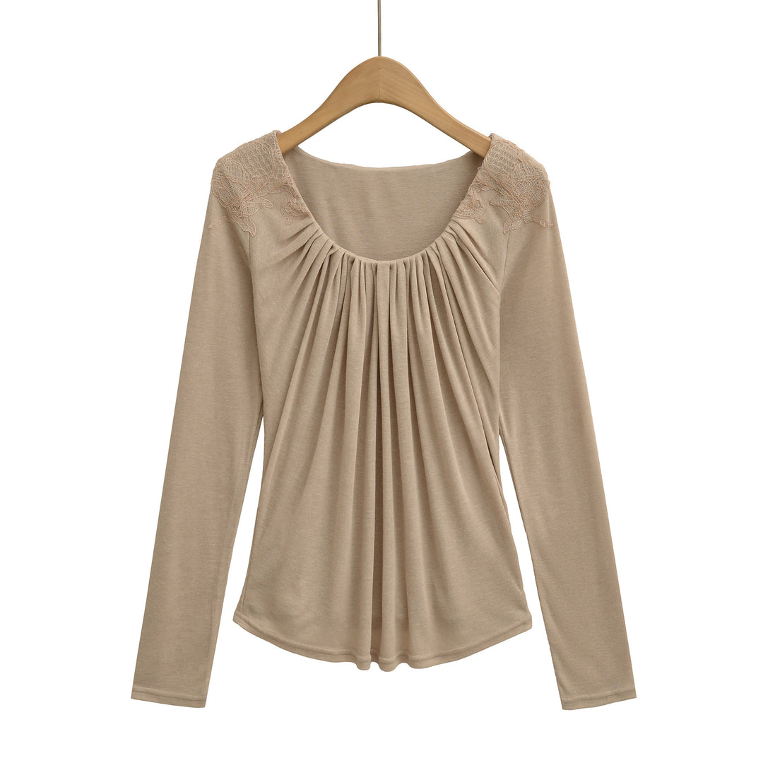 Damen Jersey-Top mit weitem Rundhalsausschnitt, Faltenfront und Spitzenbesatz Nord Taschen