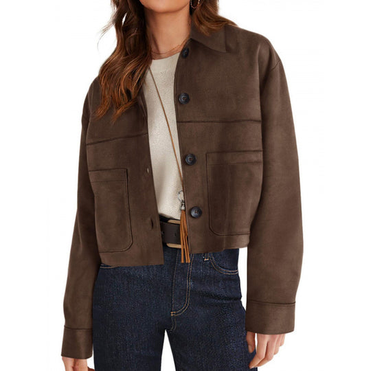 Damen kurze Wildleder-Optik Jacke mit aufgesetzten Taschen und Hemdkragen Nord Taschen