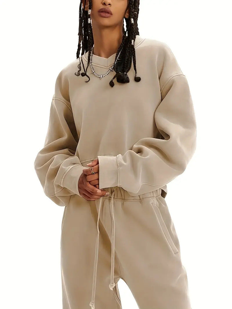 Damen Boxy-Sweatshirt mit überschnittener Schulter, verlängertem Rückenteil und brushed Fleece Nord Taschen
