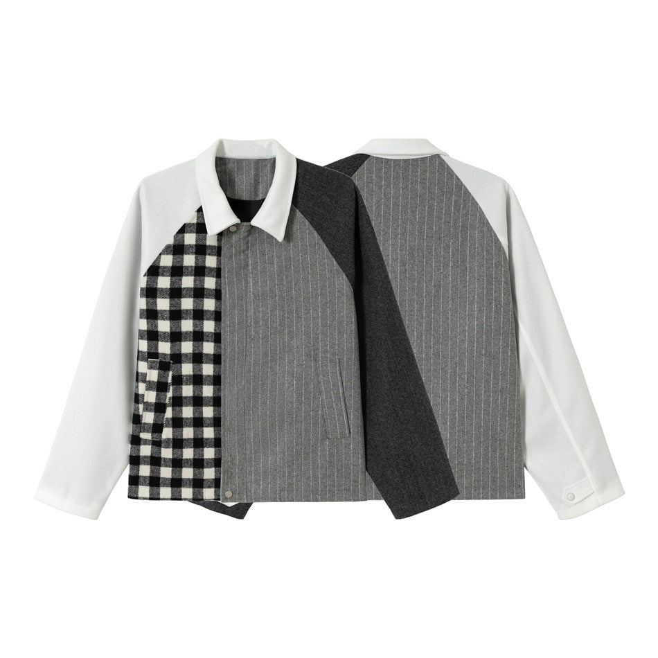 Unisex Kastig geschnittene Patchwork-Blousonjacke aus Wollmix mit Hemdkragen Nord Taschen