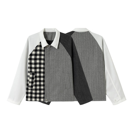 Unisex Kastig geschnittene Patchwork-Blousonjacke aus Wollmix mit Hemdkragen Nord Taschen