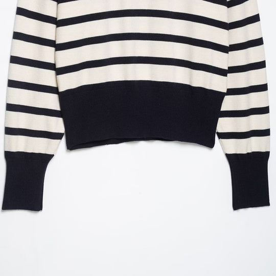 Damen Cropped Boxy Strickpullover mit halbem Reißverschluss, Stehkragen und breiten Streifen Nord Taschen