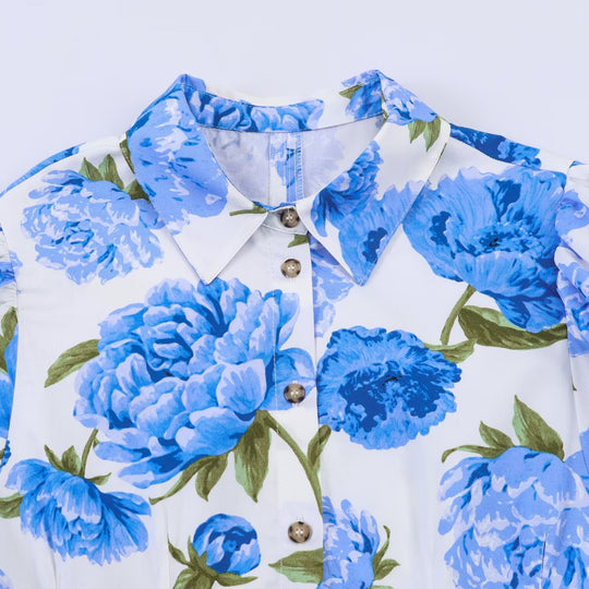 Damen Hemdbluse im A-Linien‑Schnitt mit floraler Allover‑Print, taillierten Teilungsnähten und Puffärmeln Nord Taschen