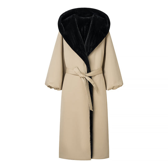 Damen langer gefütterter Mantel mit Kapuze und Faux-Fur-Futter Nord Taschen