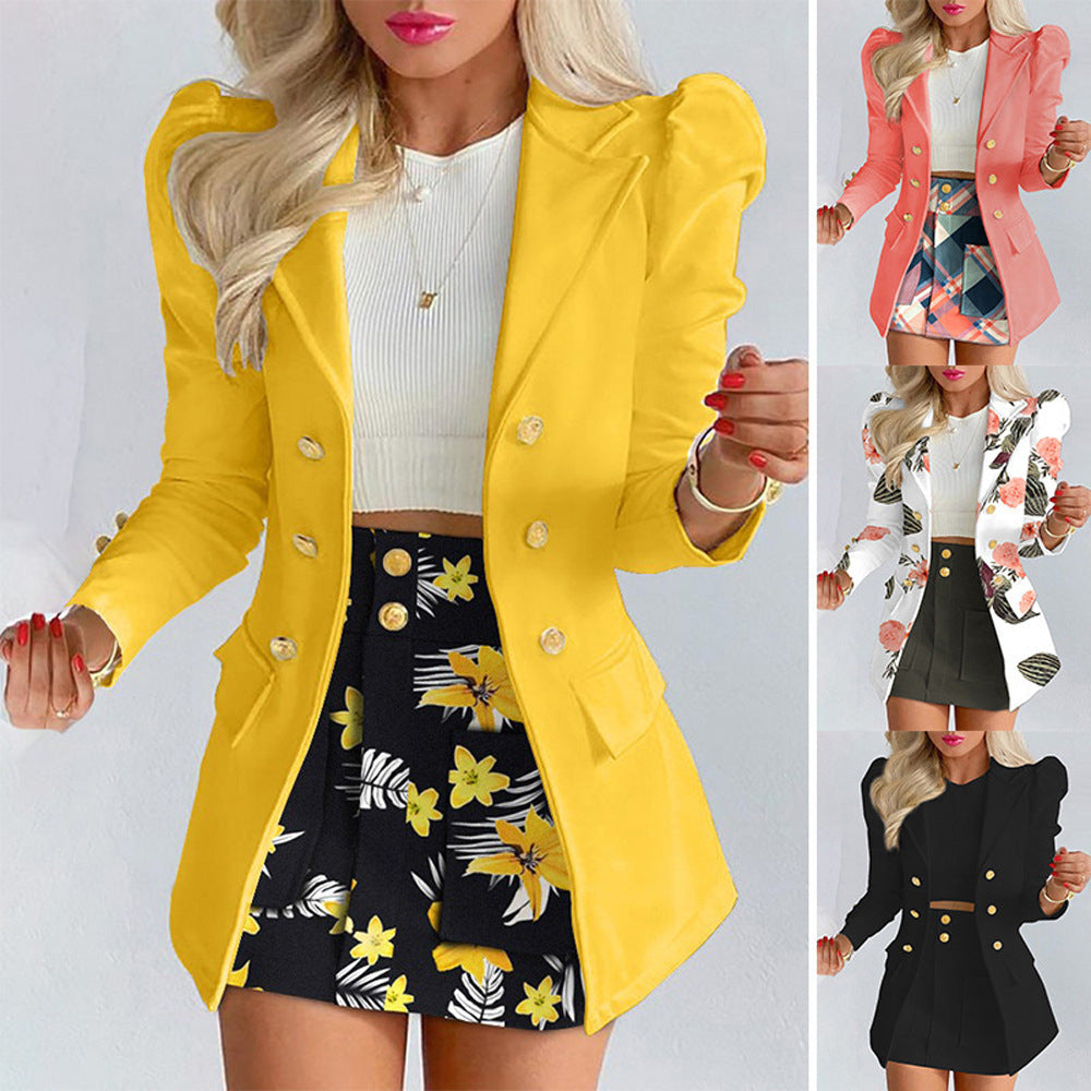 Damen Taillierter Doppelreihiger Blazer mit Puffärmeln und goldenen Zierknöpfen Nord Taschen