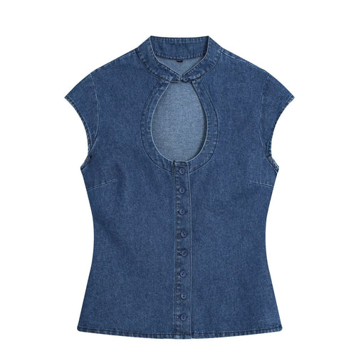 Damen Tailliertes Jeans-Top mit Schlüsselloch-Ausschnitt und durchgehender Knopfleiste Nord Taschen