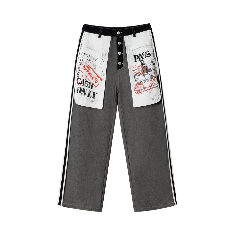 Damen Wide-Leg Cargo-Jeans mit aufgesetzten Grafik-Patches und Kontraststreifen Nord Taschen