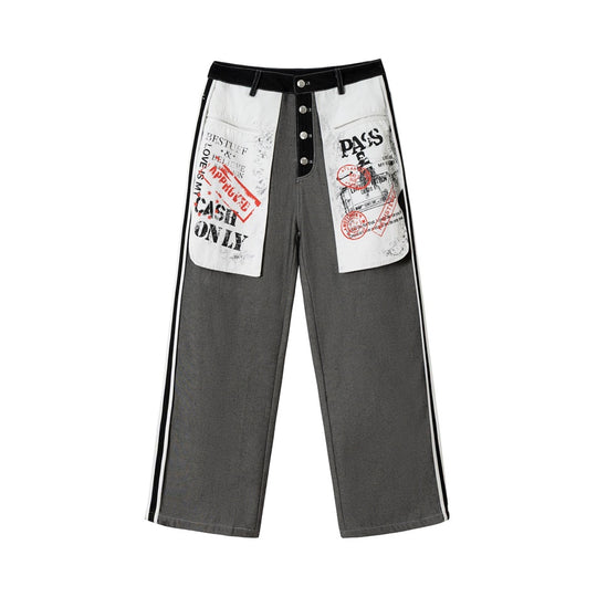 Damen Wide-Leg Cargo-Jeans mit aufgesetzten Grafik-Patches und Kontraststreifen Nord Taschen