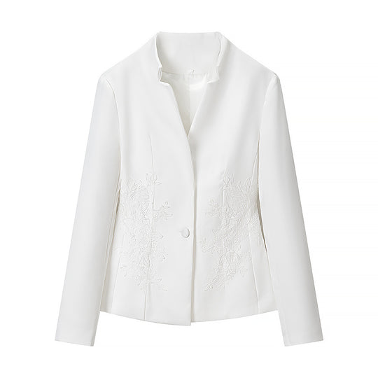 Damen Taillierte Kurzjacke mit Stehkragen und floraler Stickerei Nord Taschen