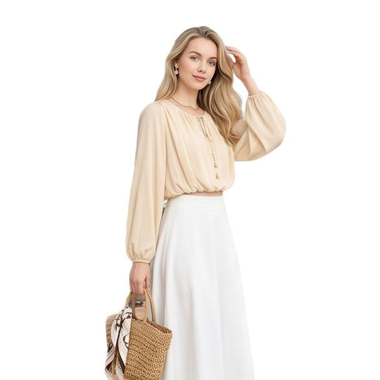 Damen Elegante Chiffon-Bluse mit Tunnelzugsaum, Ballonärmeln & Perlenknopf-Detail Nord Taschen