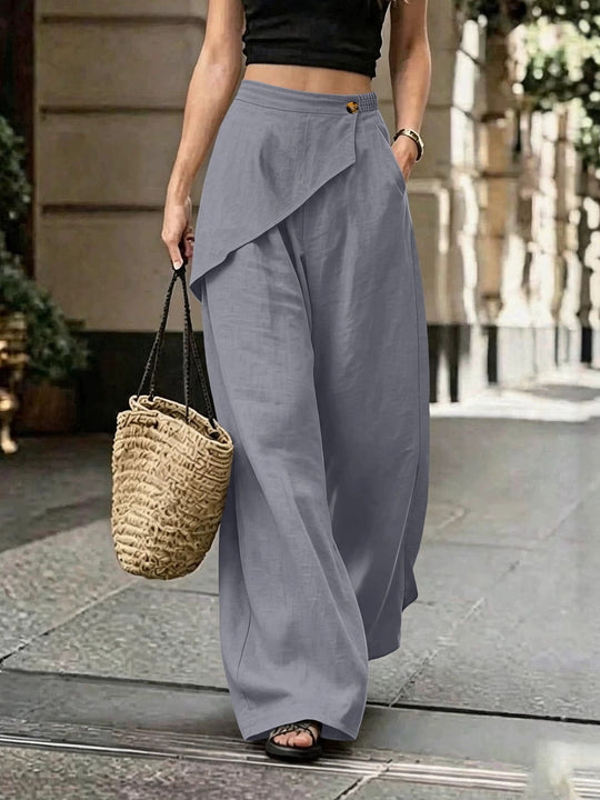 Damen Leichte Leinenhose mit Wickel-Front und weitem Bein Nord Taschen