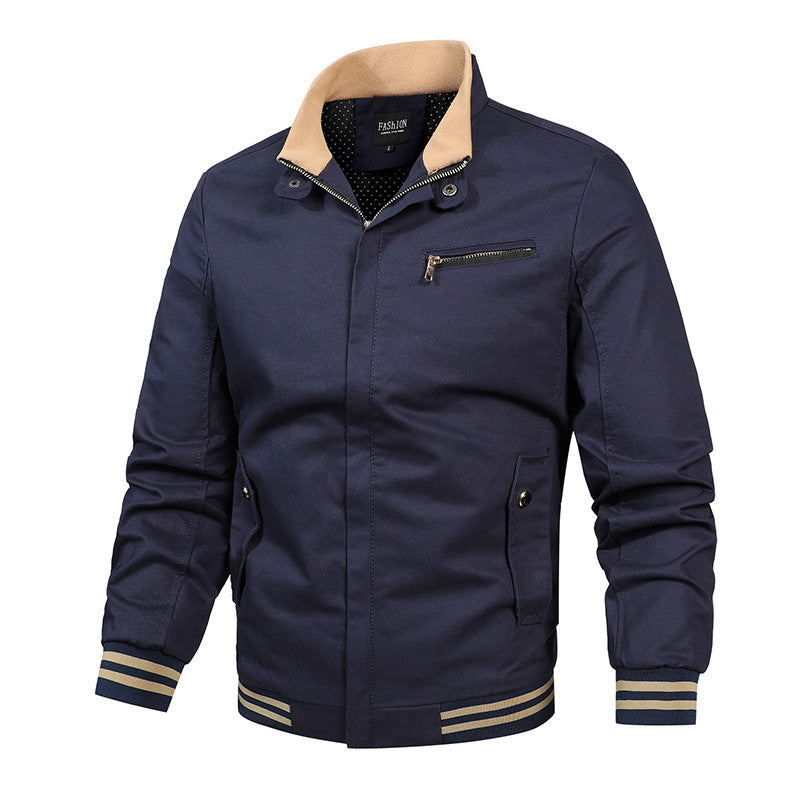 Herren Canvas-Bomberjacke im Retro-Pilotencut mit gestepptem Kragen und gestreiften Rippbündchen Nord Taschen